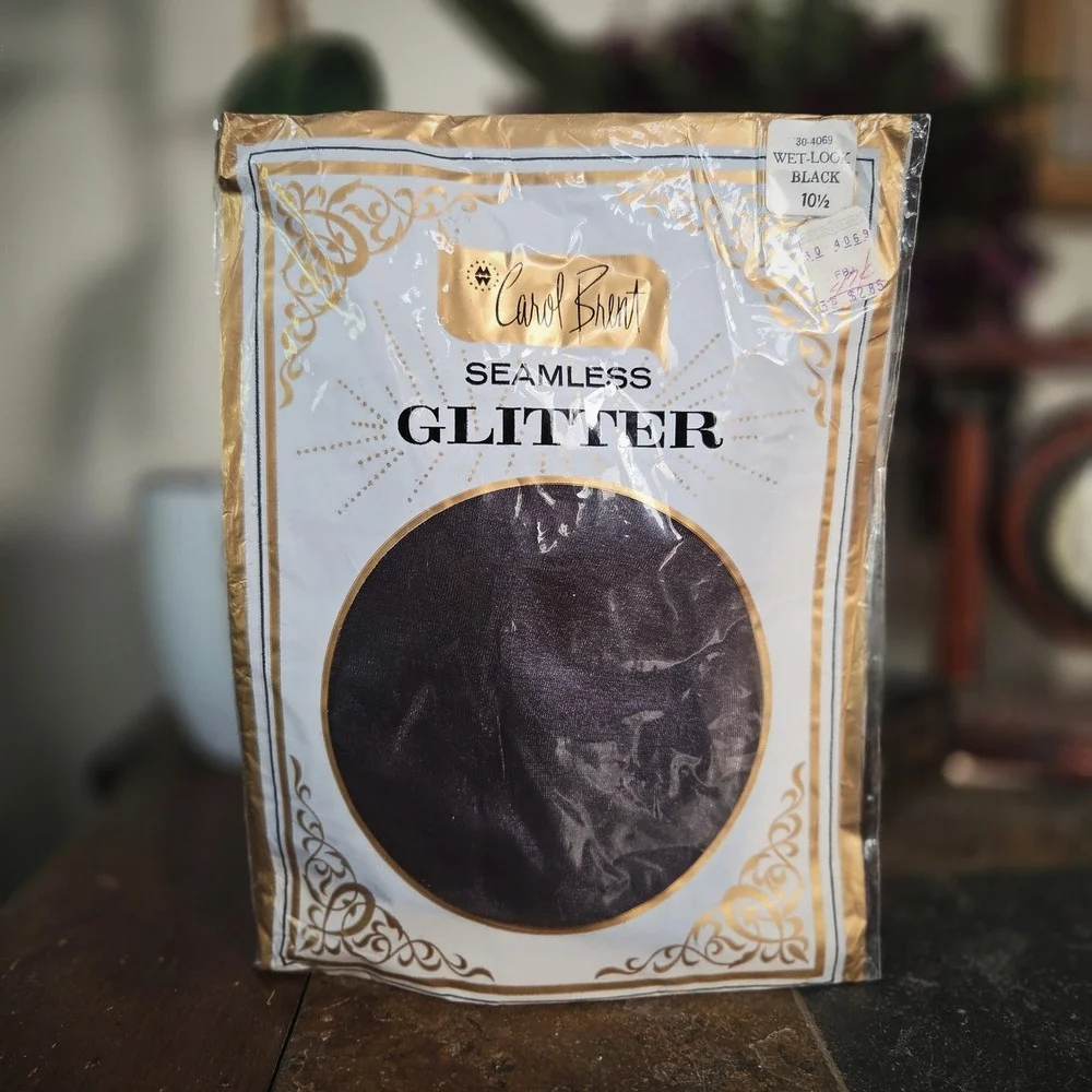 Carol Brent Nylons Black Glitter Vintage 1970s Seamless Wet Look Stockings 10.5